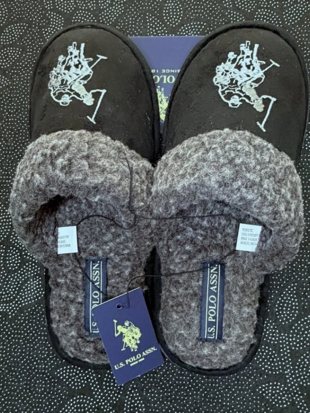 U.S. Polo Assn. Men’s Cozy Slip-On Slippers – Black/Gray Men's Size 9/10